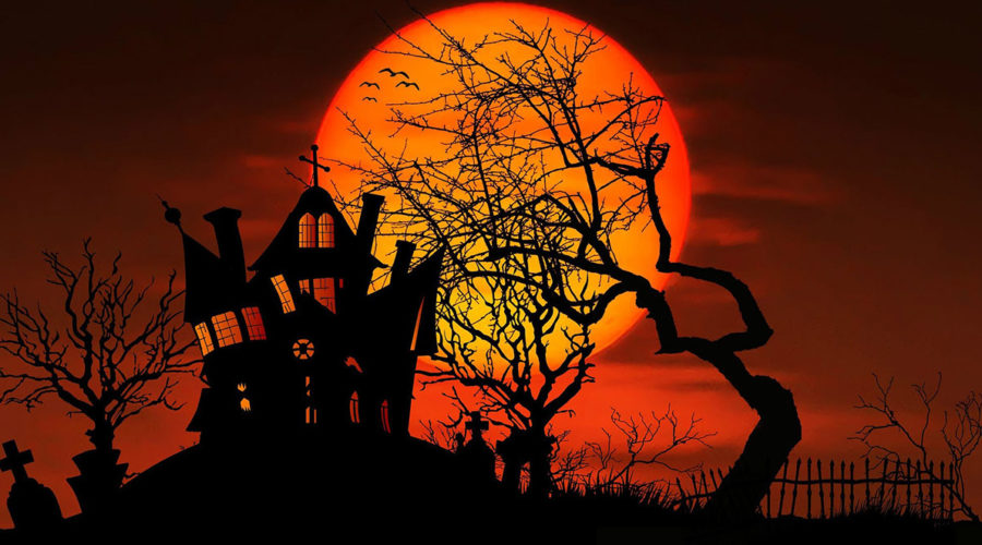 Halloween scene with spooky house and tree