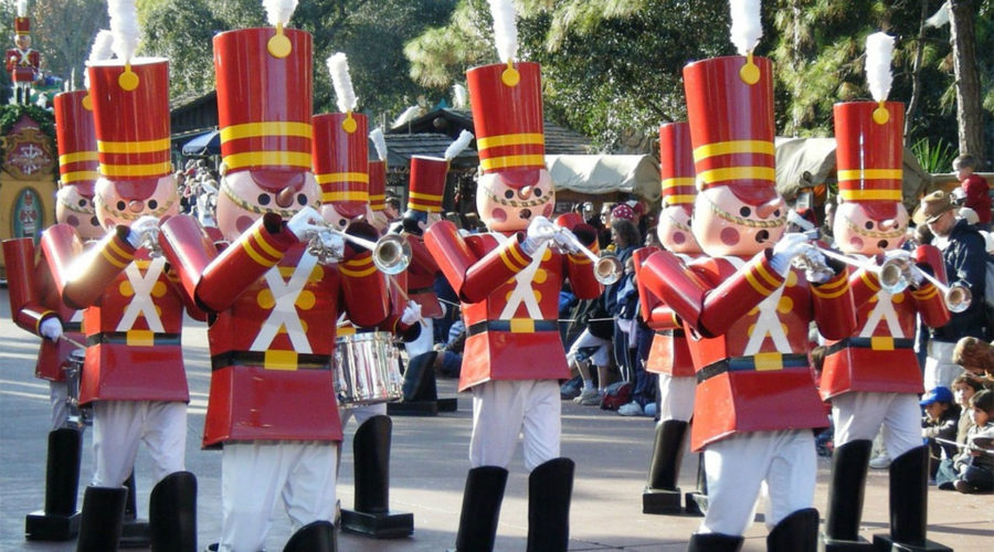 Nutcrackers marching in a Disney Christmas parade