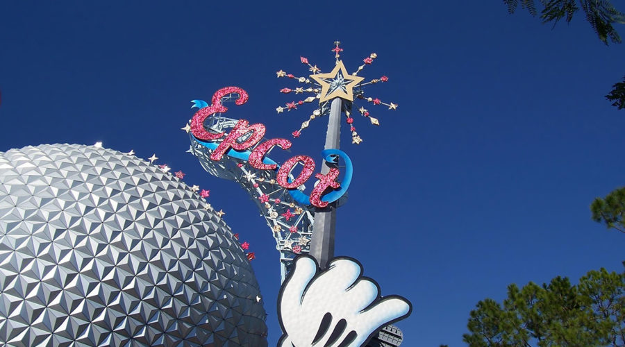 Close-up of Epcot ball and sign