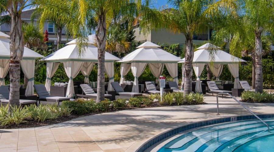 Poolside cabanas at the Encore Resort Water Park.