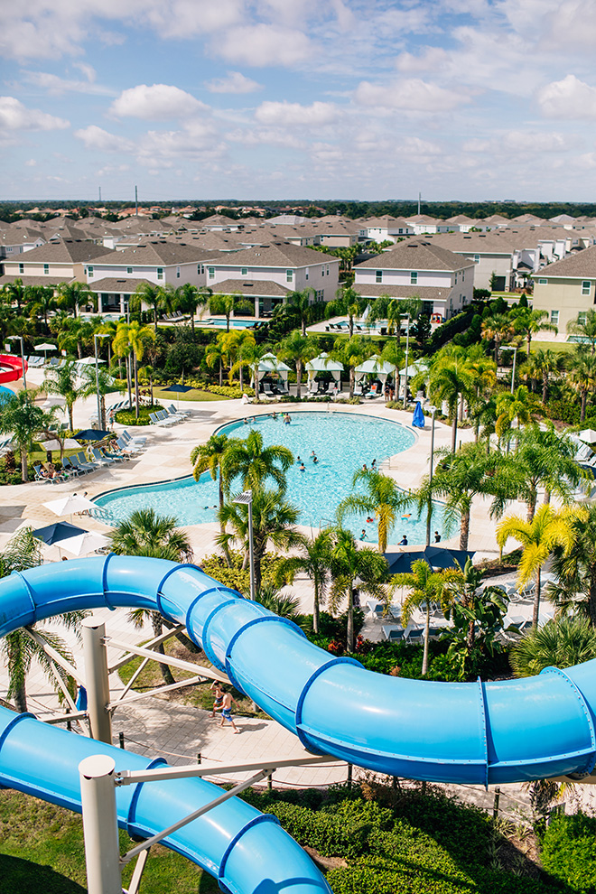 View of the Encore Resort water park from the top of a water slide.