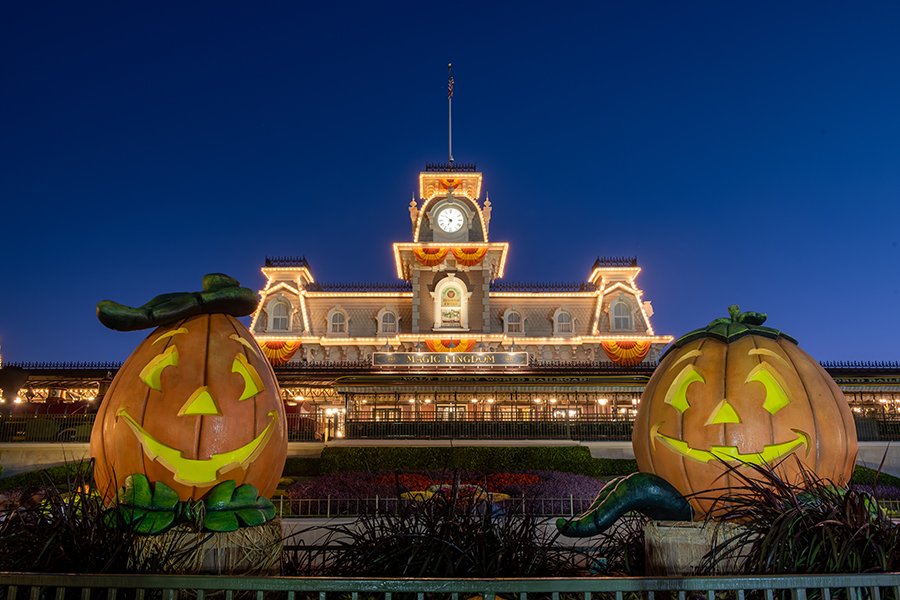 Halloween decorations at the entrance to the Magic Kingdom at Walt Disney World.