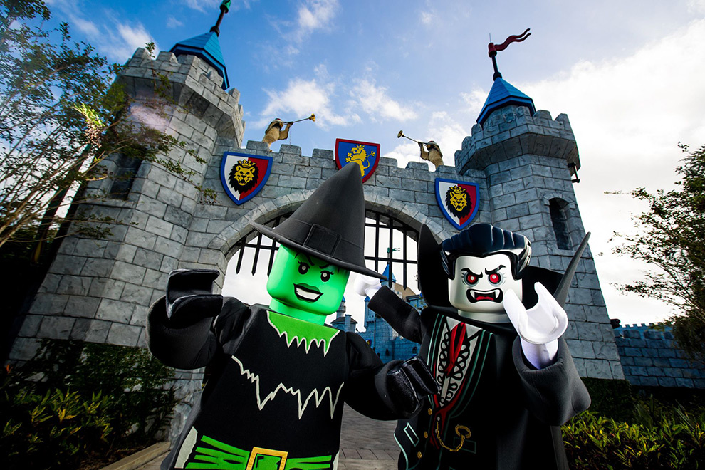 Lego witch and vampire characters at Legoland Florida’s Brick-or-Treat Halloween event.