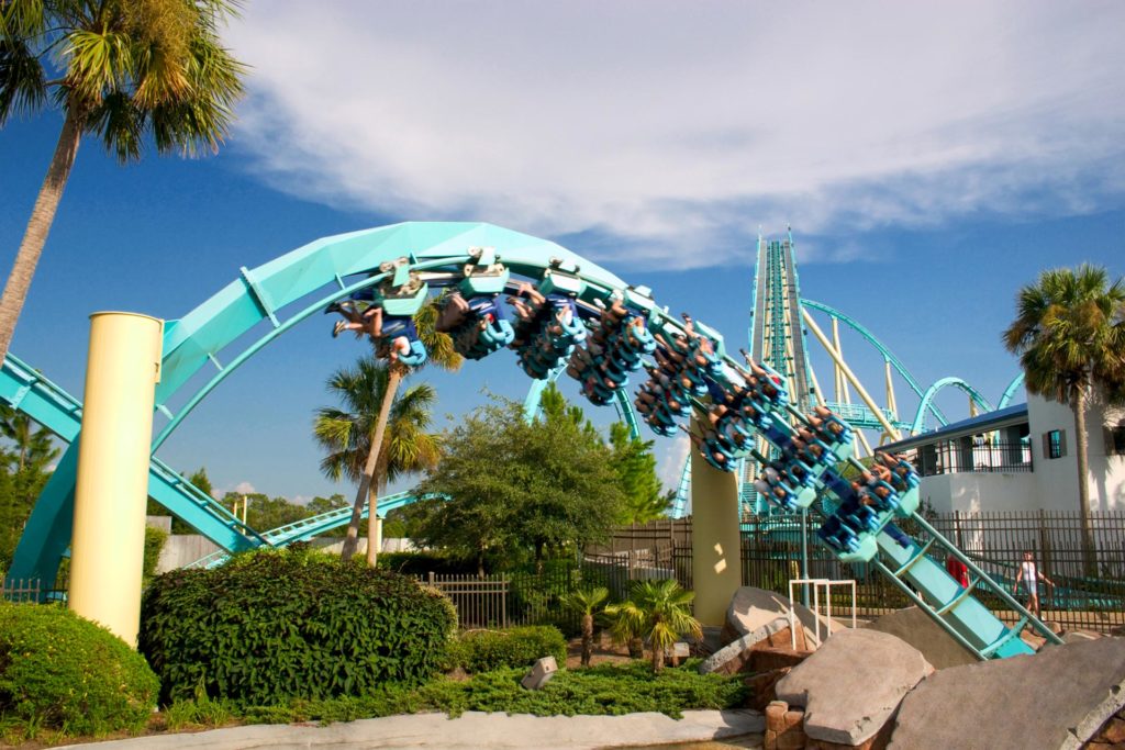 The Kraken Roller Coaster spins upside down at SeaWorld Orlando.