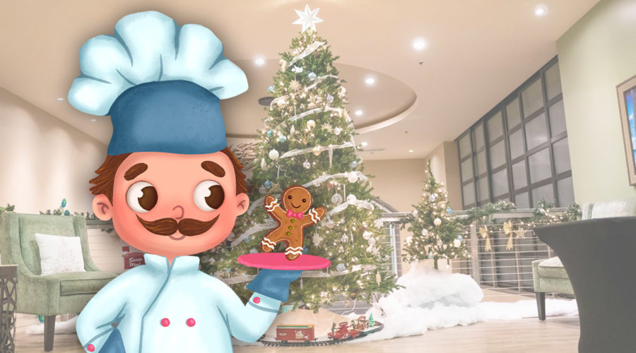 Giuseppe and Gumdrop in front of a Christmas tree