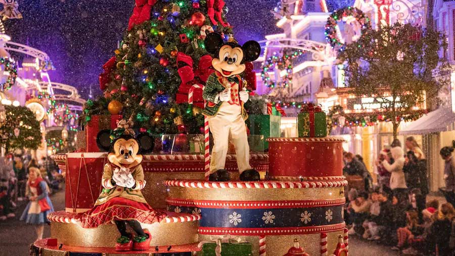 Mickey and Minnie in the Very Merry Christmas Parade at the Magic Kingdom in Orlando, Florida